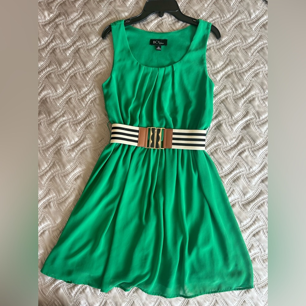 BCX DRESS Women Teen Green Belted Sleeveless Scoop Neck Short Fit&Flare Dress XS